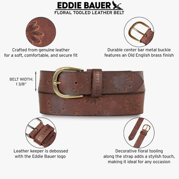 NWT Eddie Bauer Women's Leather Belt (Floral Tooled - Tan) - Size S - Picture 3 of 7